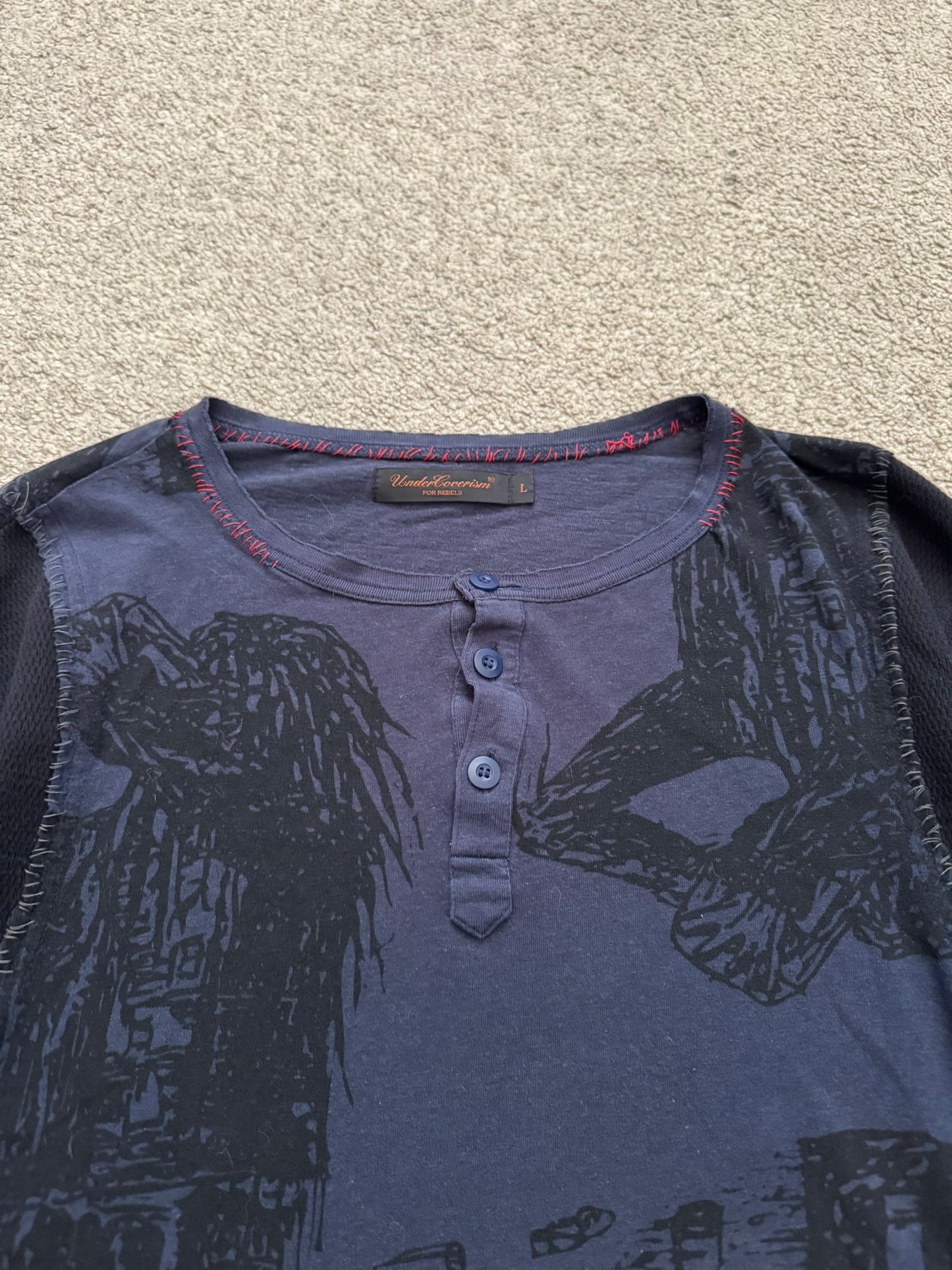 SS03 Undercover "Scab" Drunkard Print Henley Thermal Shirt