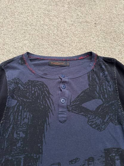 SS03 Undercover "Scab" Drunkard Print Henley Thermal Shirt