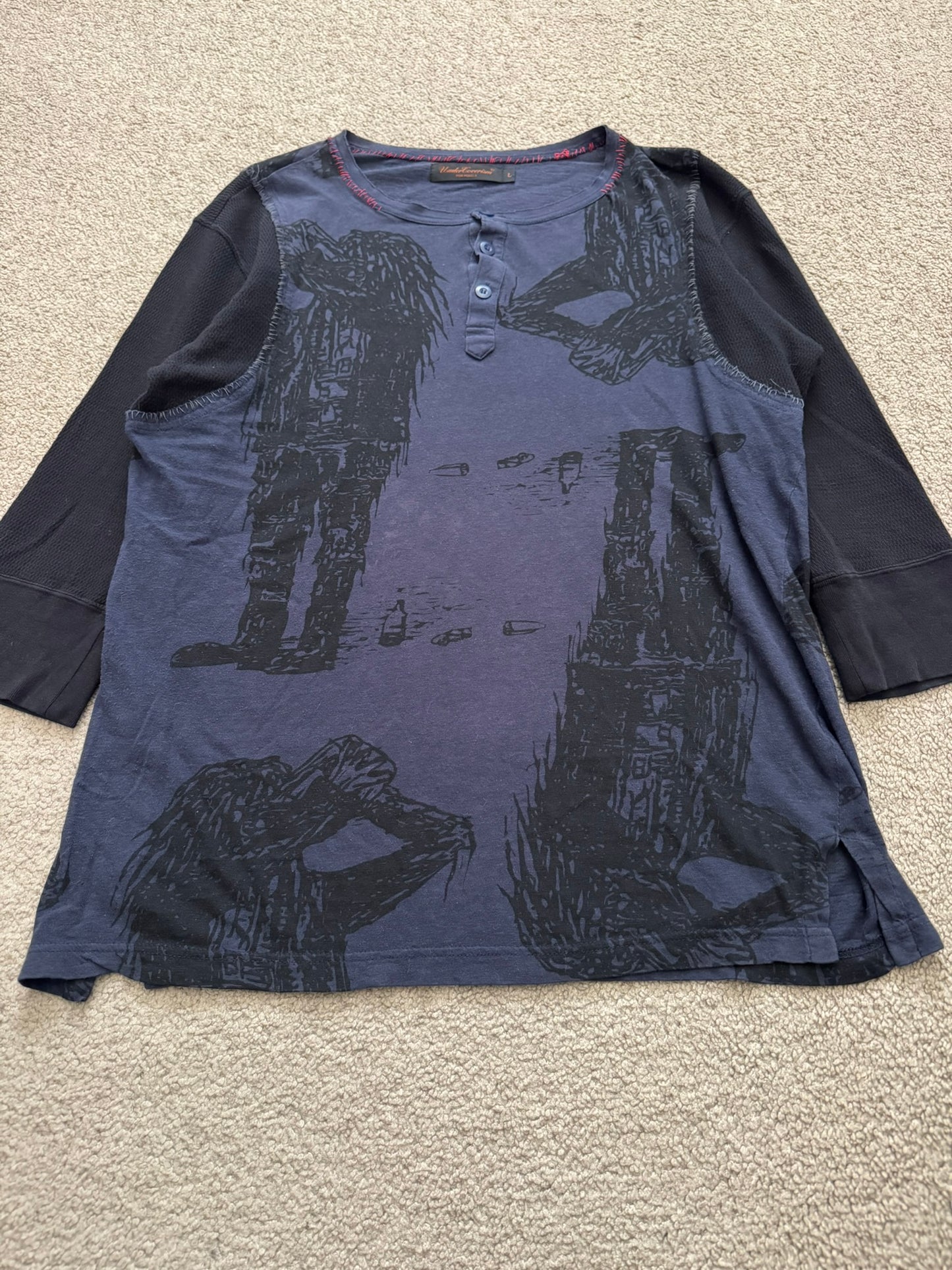 SS03 Undercover "Scab" Drunkard Print Henley Thermal Shirt