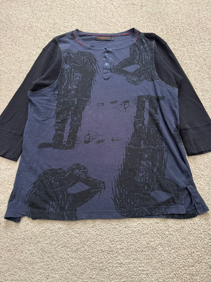 SS03 Undercover "Scab" Drunkard Print Henley Thermal Shirt