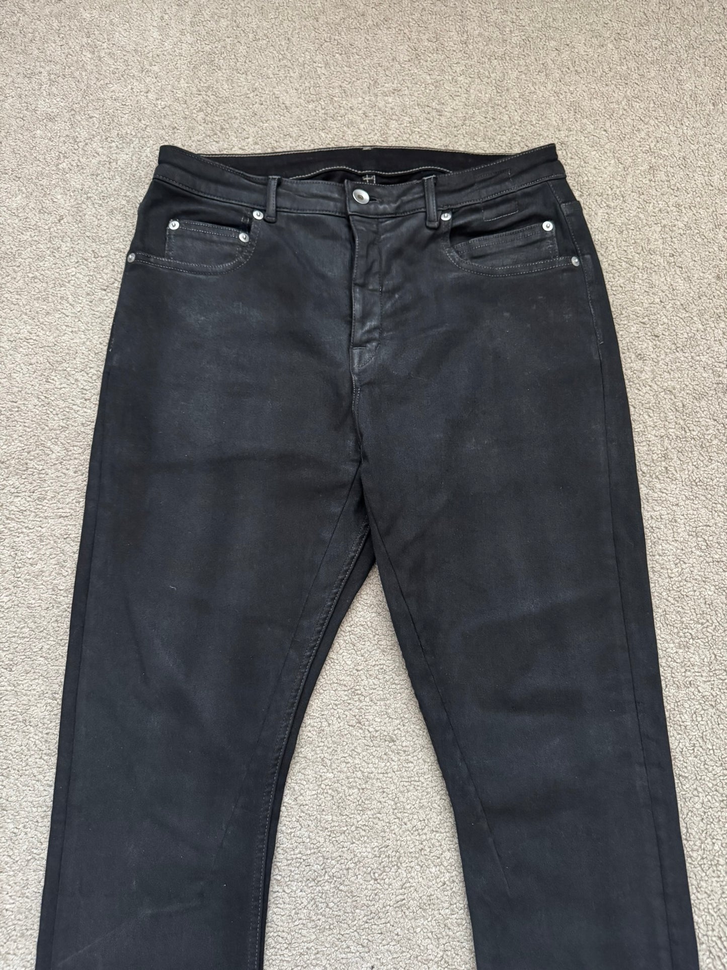 SS24 Rick Owens DRKSHDW Black Waxed Detroit Cut Denim Jeans