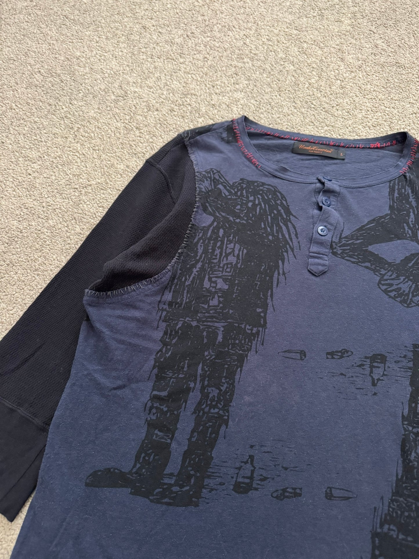 SS03 Undercover "Scab" Drunkard Print Henley Thermal Shirt