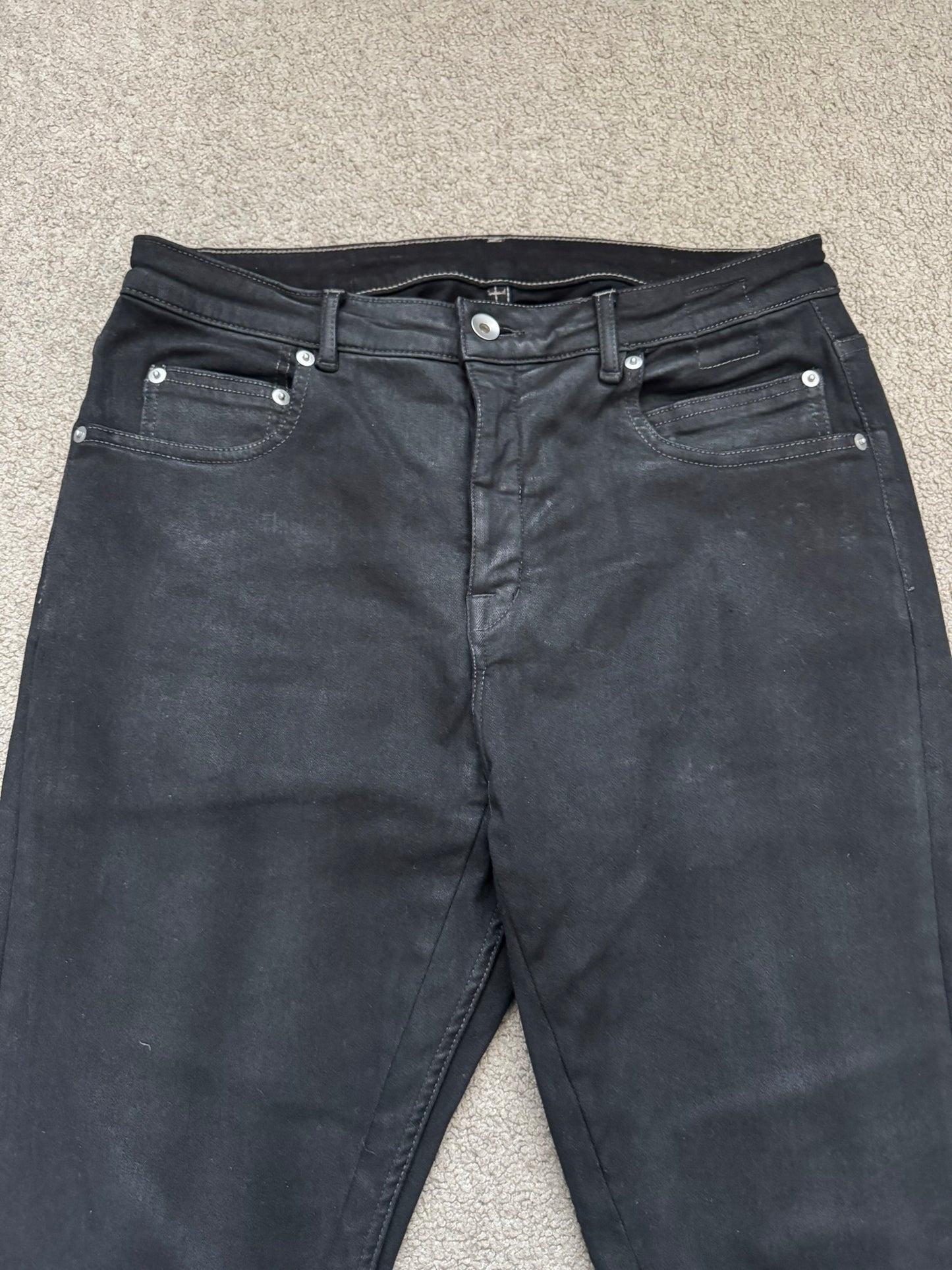 SS24 Rick Owens DRKSHDW Black Waxed Detroit Cut Denim Jeans