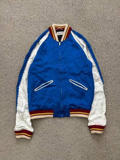SS14 Saint Laurent by Hedi Slimane Blue & White Satin Teddy Varsity Jacket