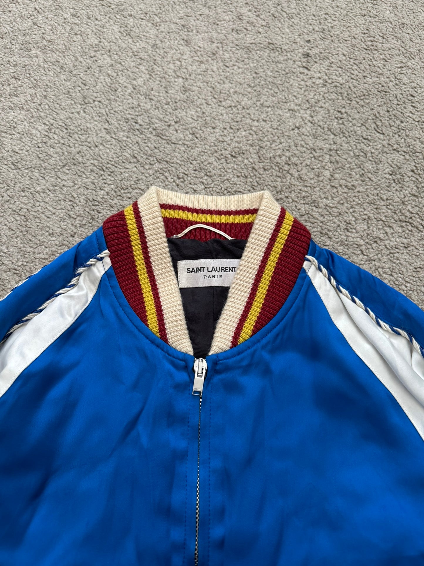 SS14 Saint Laurent by Hedi Slimane Blue & White Satin Teddy Varsity Jacket