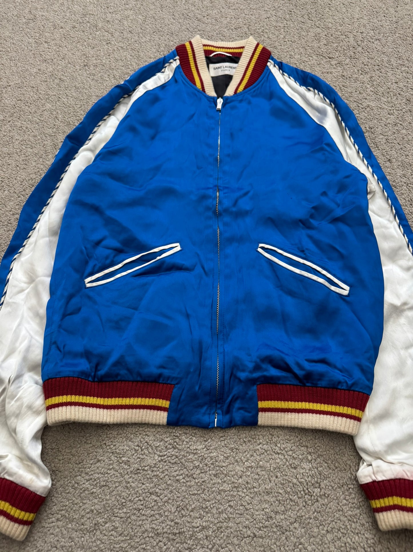 SS14 Saint Laurent by Hedi Slimane Blue & White Satin Teddy Varsity Jacket