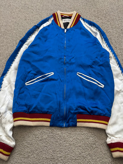 SS14 Saint Laurent by Hedi Slimane Blue & White Satin Teddy Varsity Jacket