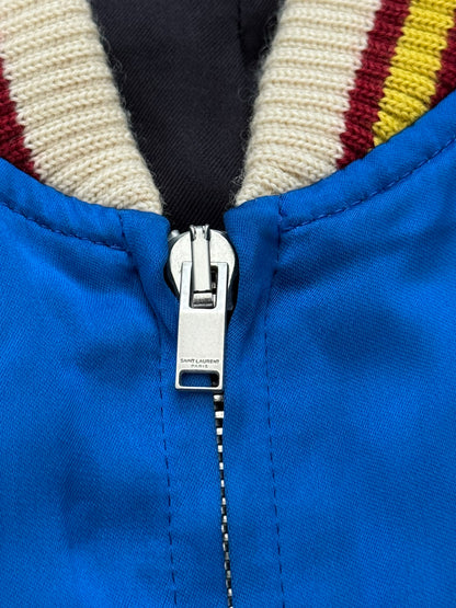 SS14 Saint Laurent by Hedi Slimane Blue & White Satin Teddy Varsity Jacket
