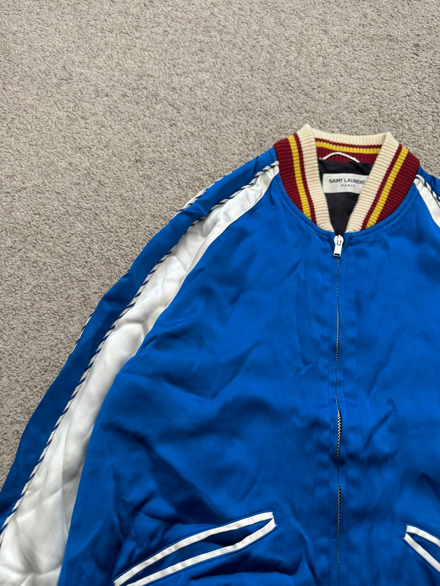 SS14 Saint Laurent by Hedi Slimane Blue & White Satin Teddy Varsity Jacket