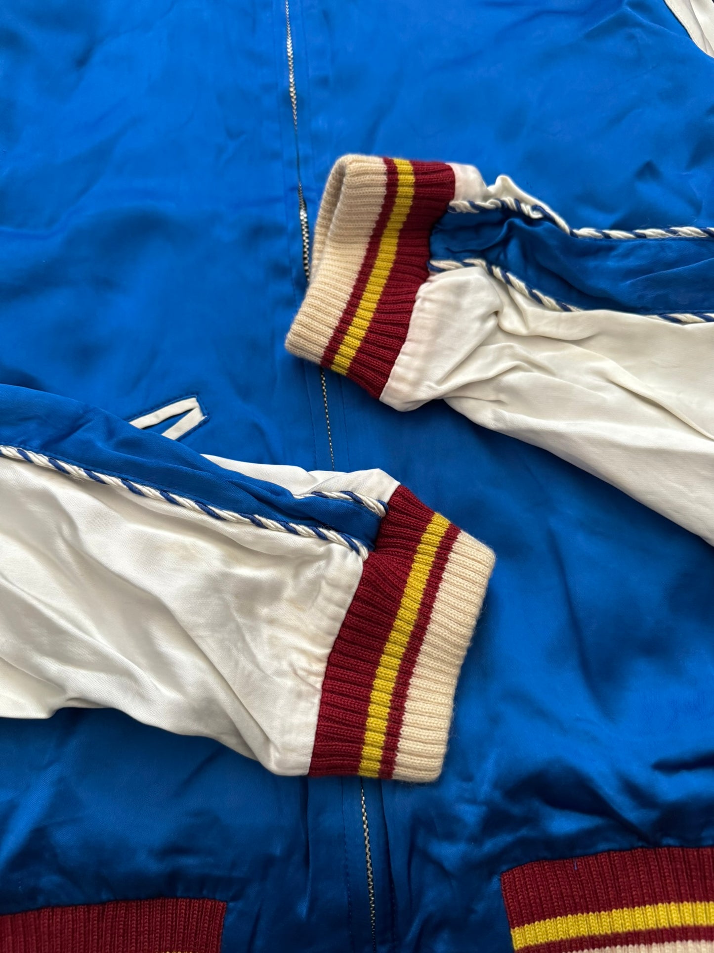 SS14 Saint Laurent by Hedi Slimane Blue & White Satin Teddy Varsity Jacket