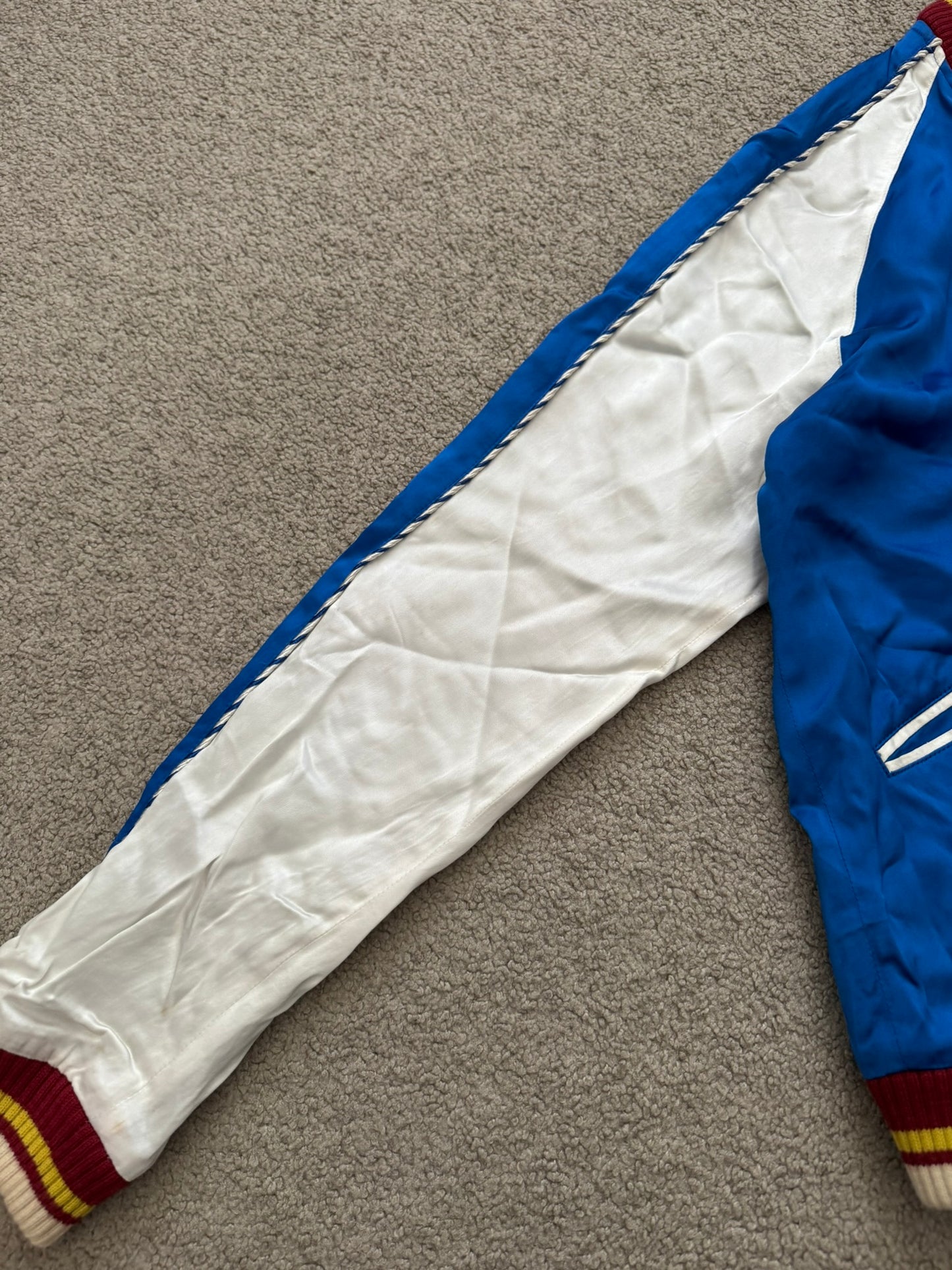 SS14 Saint Laurent by Hedi Slimane Blue & White Satin Teddy Varsity Jacket