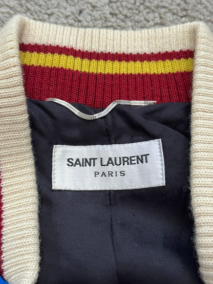 SS14 Saint Laurent by Hedi Slimane Blue & White Satin Teddy Varsity Jacket