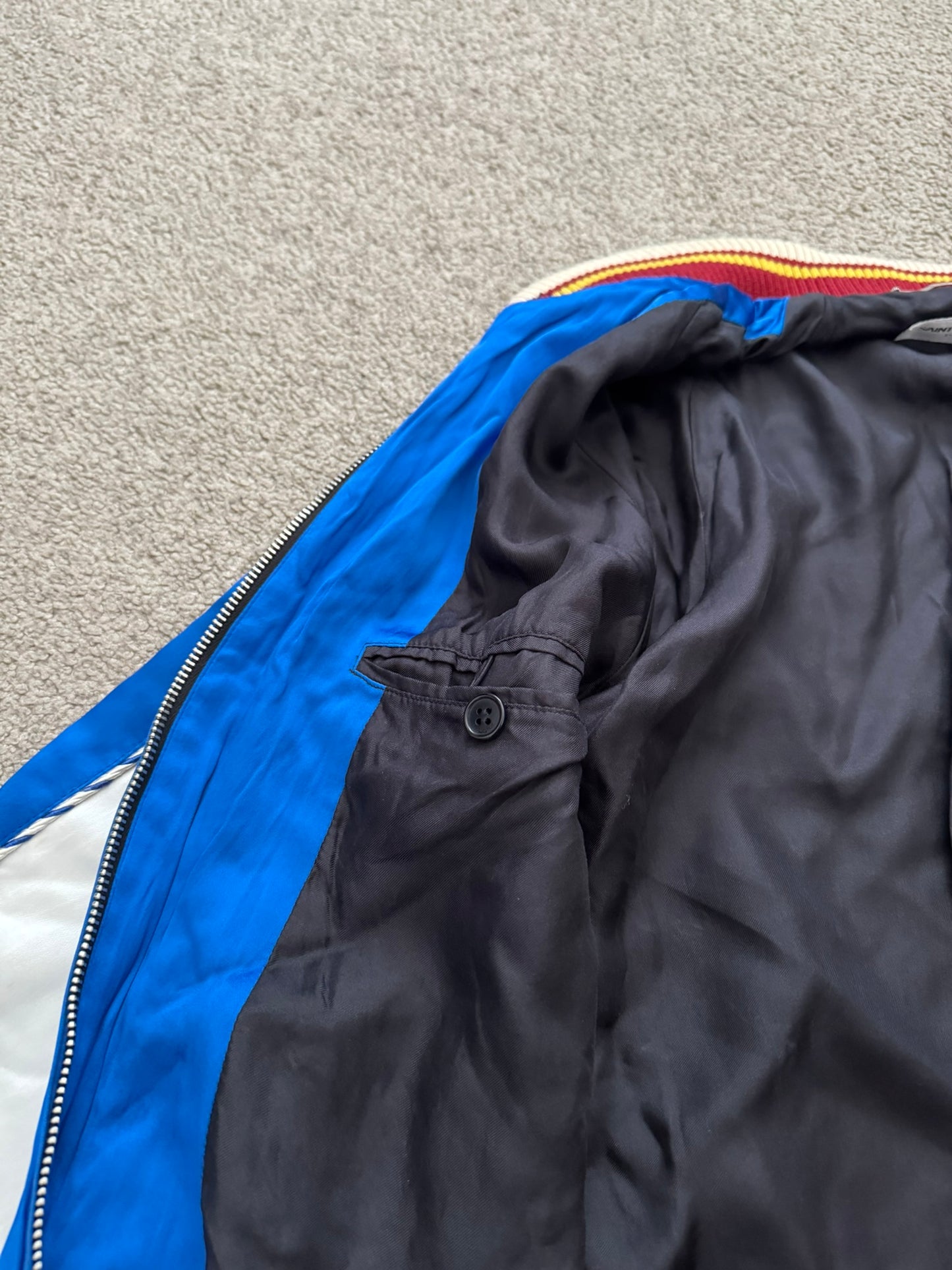 SS14 Saint Laurent by Hedi Slimane Blue & White Satin Teddy Varsity Jacket