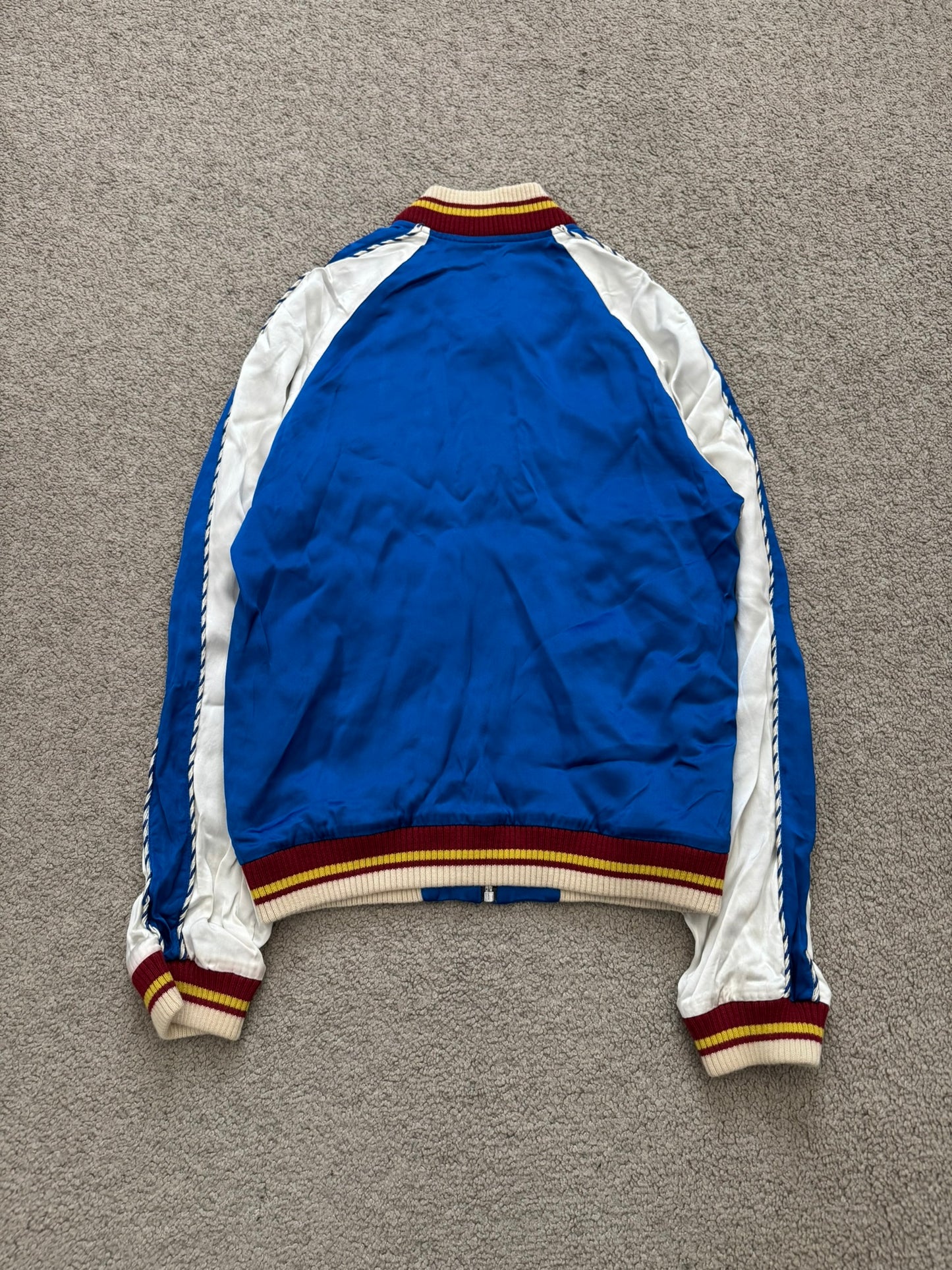 SS14 Saint Laurent by Hedi Slimane Blue & White Satin Teddy Varsity Jacket