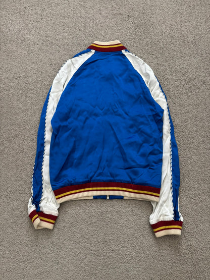 SS14 Saint Laurent by Hedi Slimane Blue & White Satin Teddy Varsity Jacket