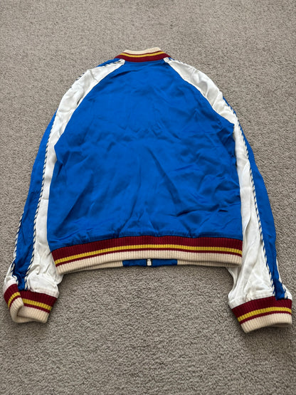 SS14 Saint Laurent by Hedi Slimane Blue & White Satin Teddy Varsity Jacket