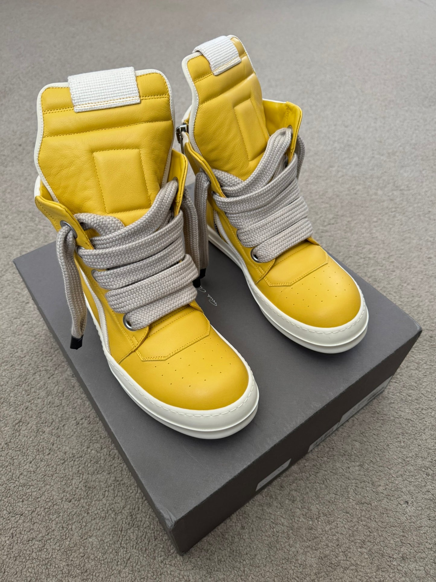 FW24 Rick Owens Yellow Jumbo Lace Geobasket High Top Sneakers