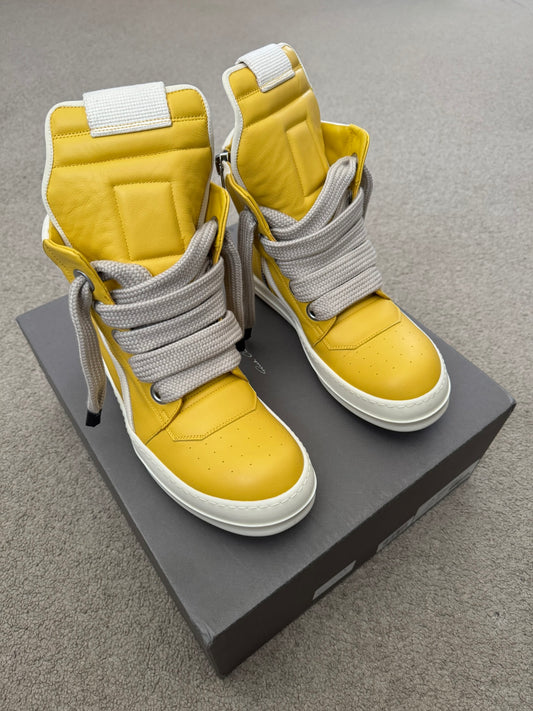 FW24 Rick Owens Yellow Jumbo Lace Geobasket High Top Sneakers