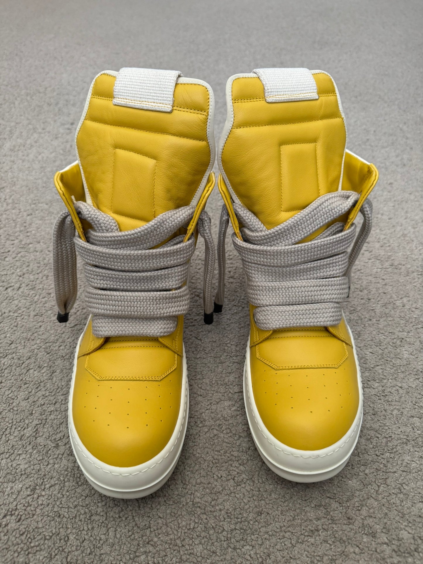 FW24 Rick Owens Yellow Jumbo Lace Geobasket High Top Sneakers