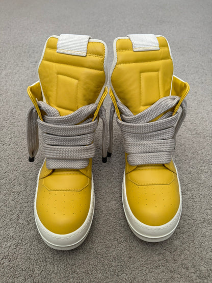 FW24 Rick Owens Yellow Jumbo Lace Geobasket High Top Sneakers
