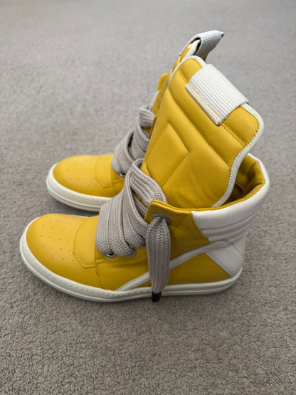 FW24 Rick Owens Yellow Jumbo Lace Geobasket High Top Sneakers