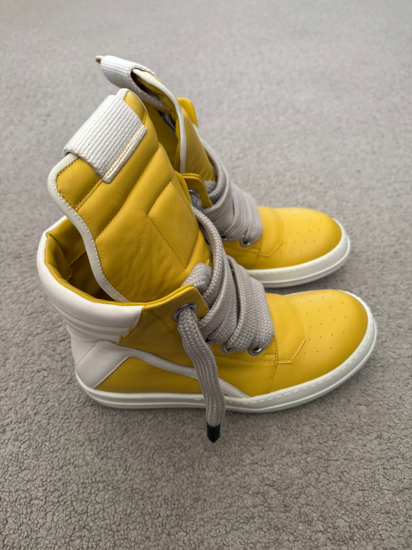 FW24 Rick Owens Yellow Jumbo Lace Geobasket High Top Sneakers