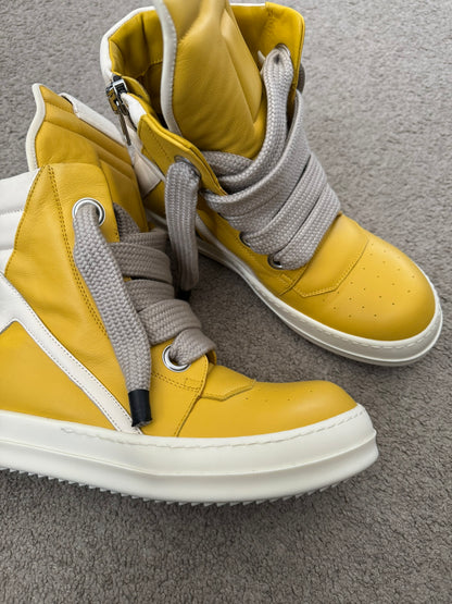 FW24 Rick Owens Yellow Jumbo Lace Geobasket High Top Sneakers