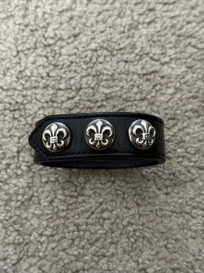 Chrome Hearts 3 Silver Fleur Snap Button Black Leather Bracelet
