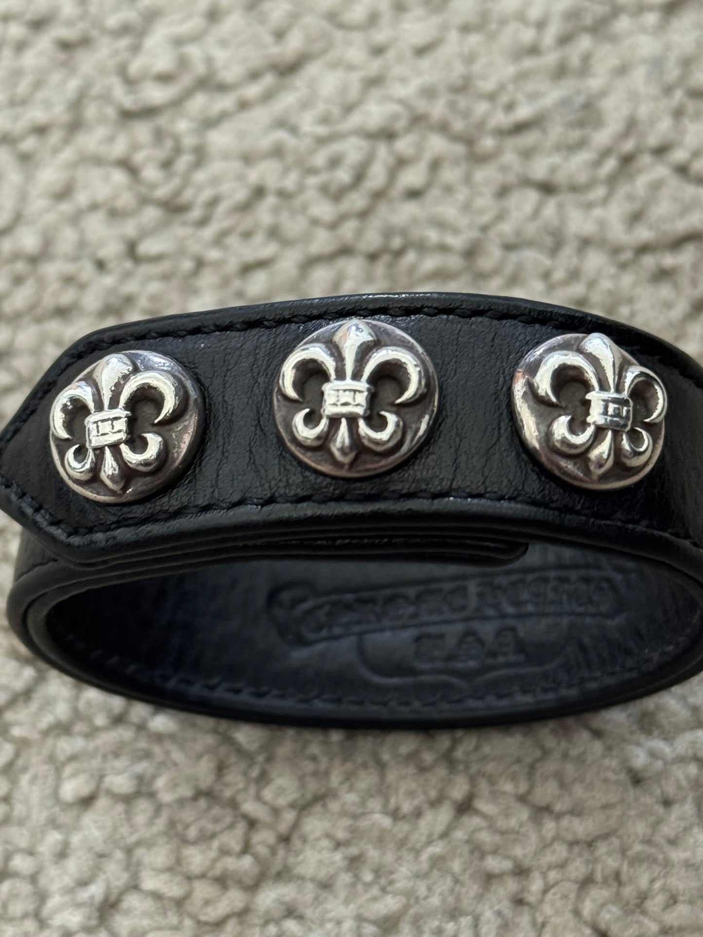 Chrome Hearts 3 Silver Fleur Snap Button Black Leather Bracelet