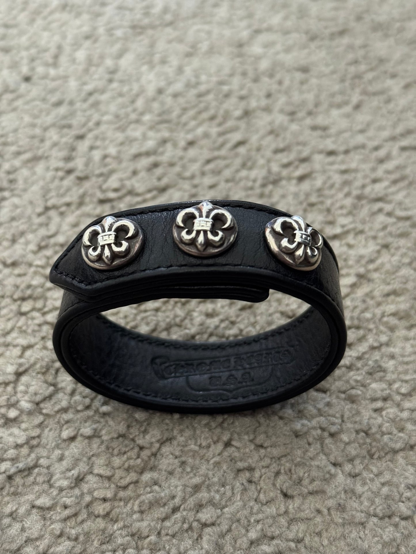 Chrome Hearts 3 Silver Fleur Snap Button Black Leather Bracelet
