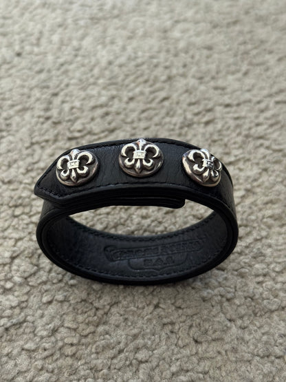 Chrome Hearts 3 Silver Fleur Snap Button Black Leather Bracelet