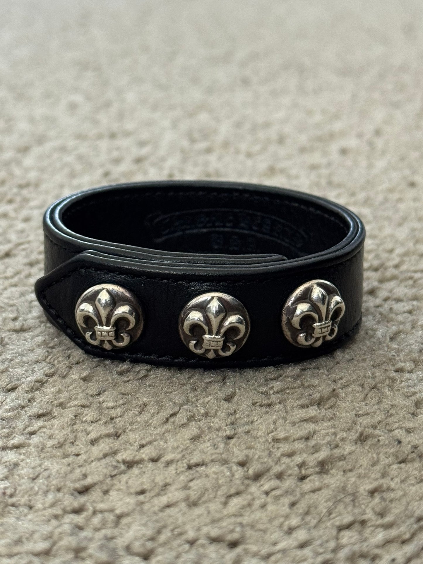 Chrome Hearts 3 Silver Fleur Snap Button Black Leather Bracelet