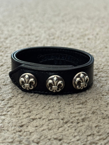Chrome Hearts 3 Silver Fleur Snap Button Black Leather Bracelet
