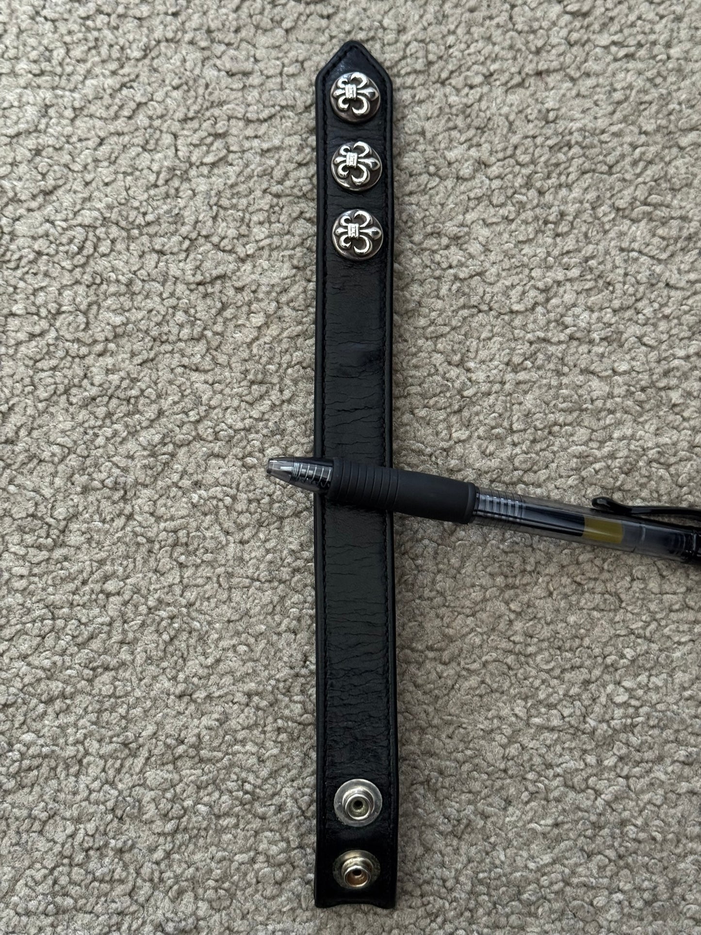 Chrome Hearts 3 Silver Fleur Snap Button Black Leather Bracelet