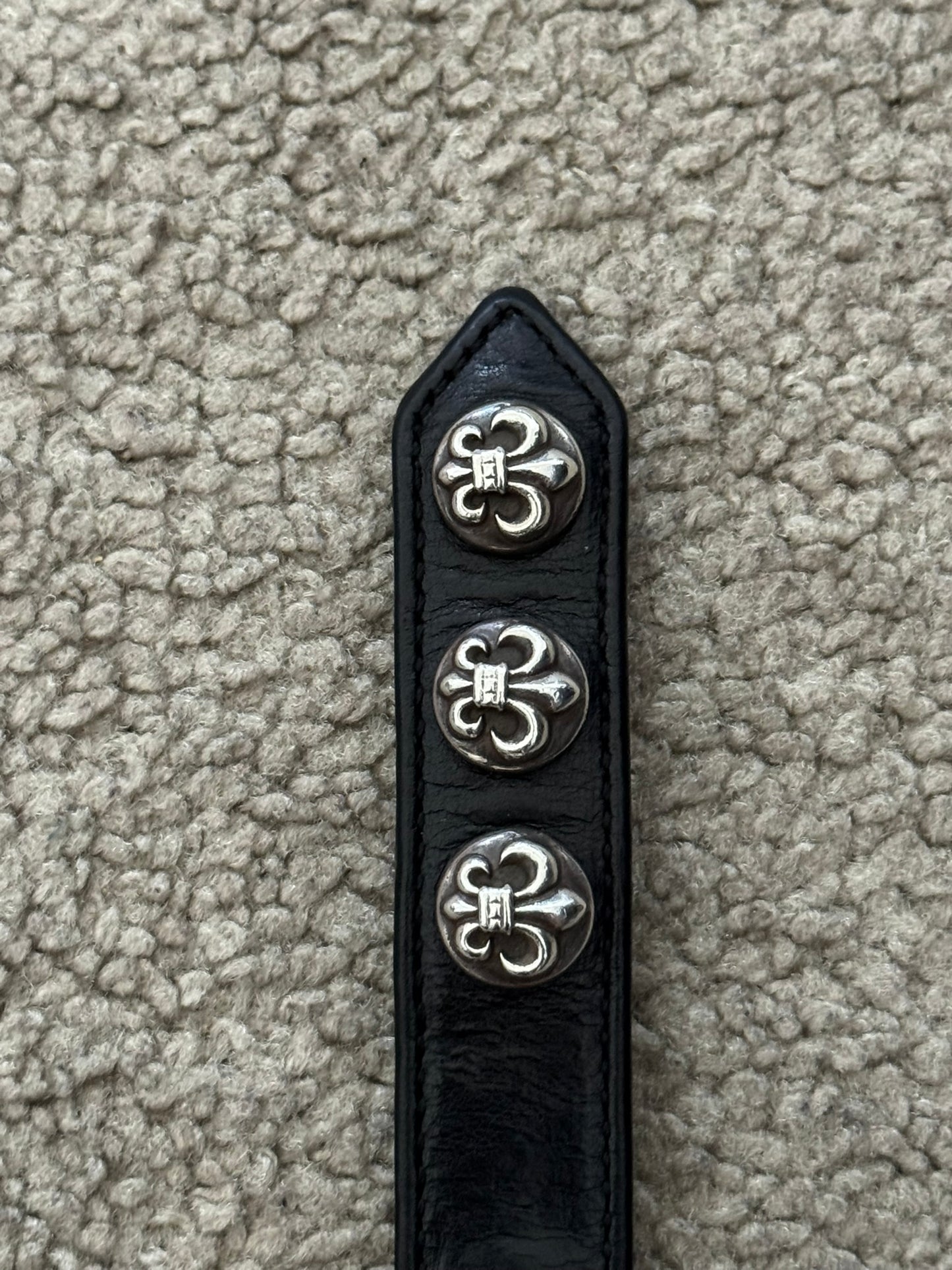 Chrome Hearts 3 Silver Fleur Snap Button Black Leather Bracelet