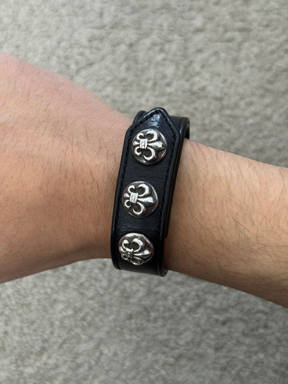 Chrome Hearts 3 Silver Fleur Snap Button Black Leather Bracelet
