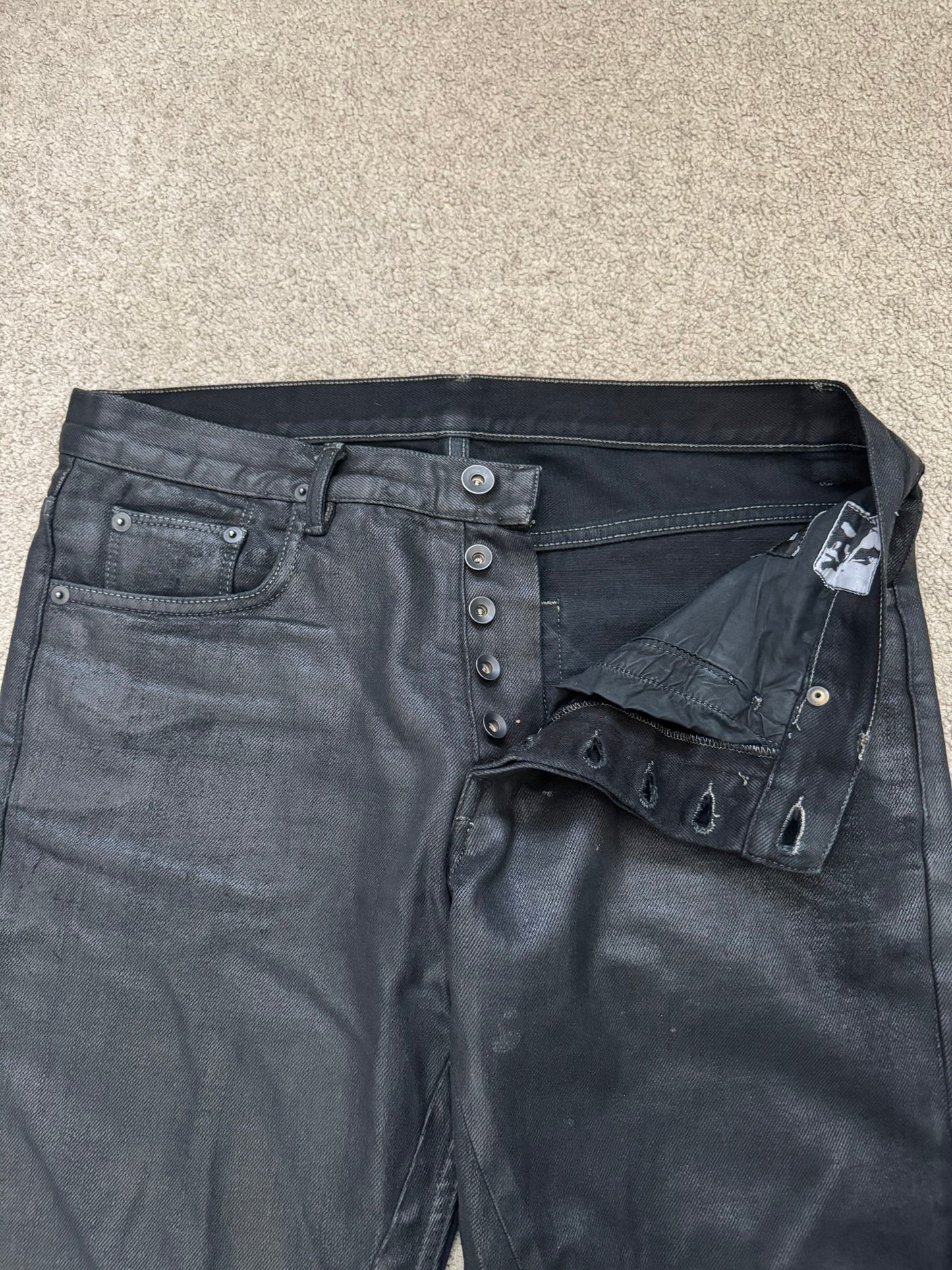 SS16 Rick Owens DRKSHDW Black Waxed Berlin Cut Denim Jeans