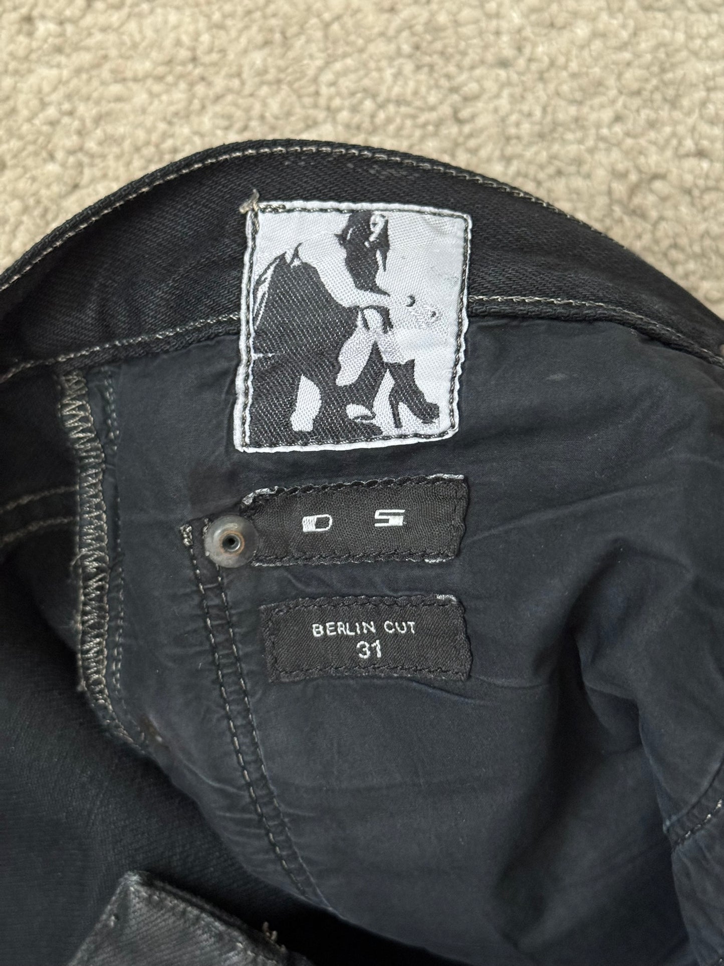 SS16 Rick Owens DRKSHDW Black Waxed Berlin Cut Denim Jeans