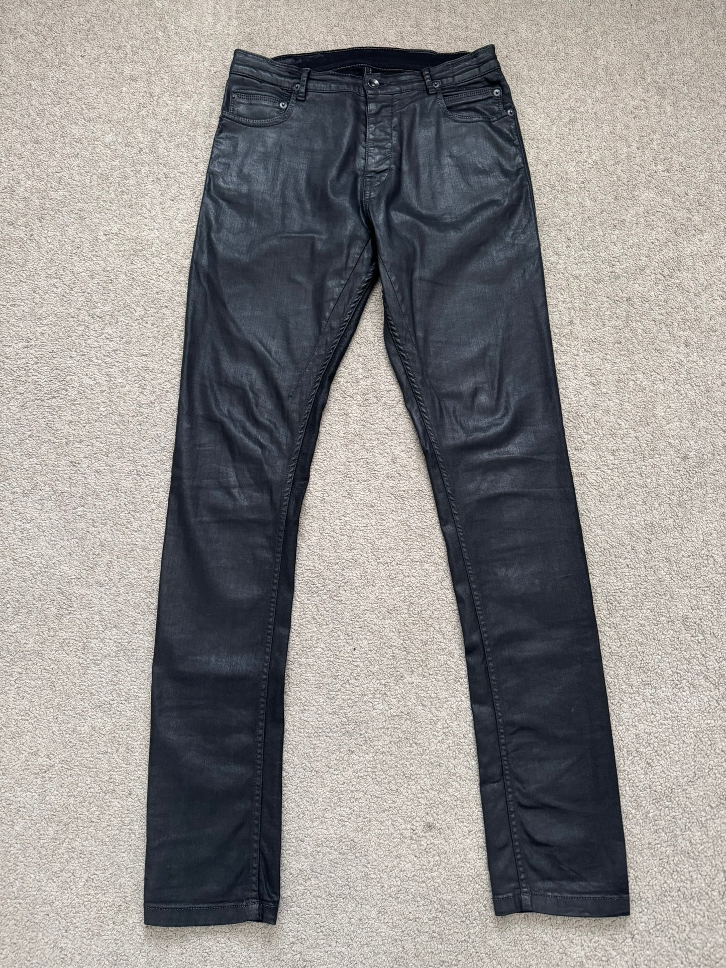 2000s Rick Owens DRKSHDW Black Waxed Torrance Cut Denim Jeans