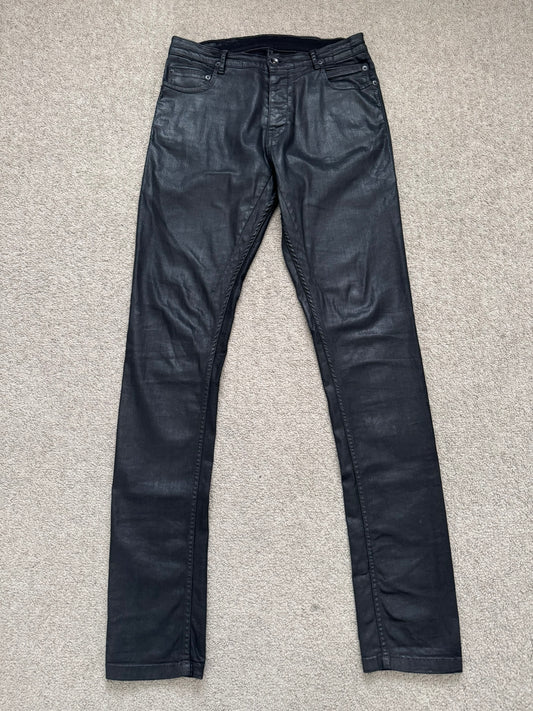2000s Rick Owens DRKSHDW Black Waxed Torrance Cut Denim Jeans