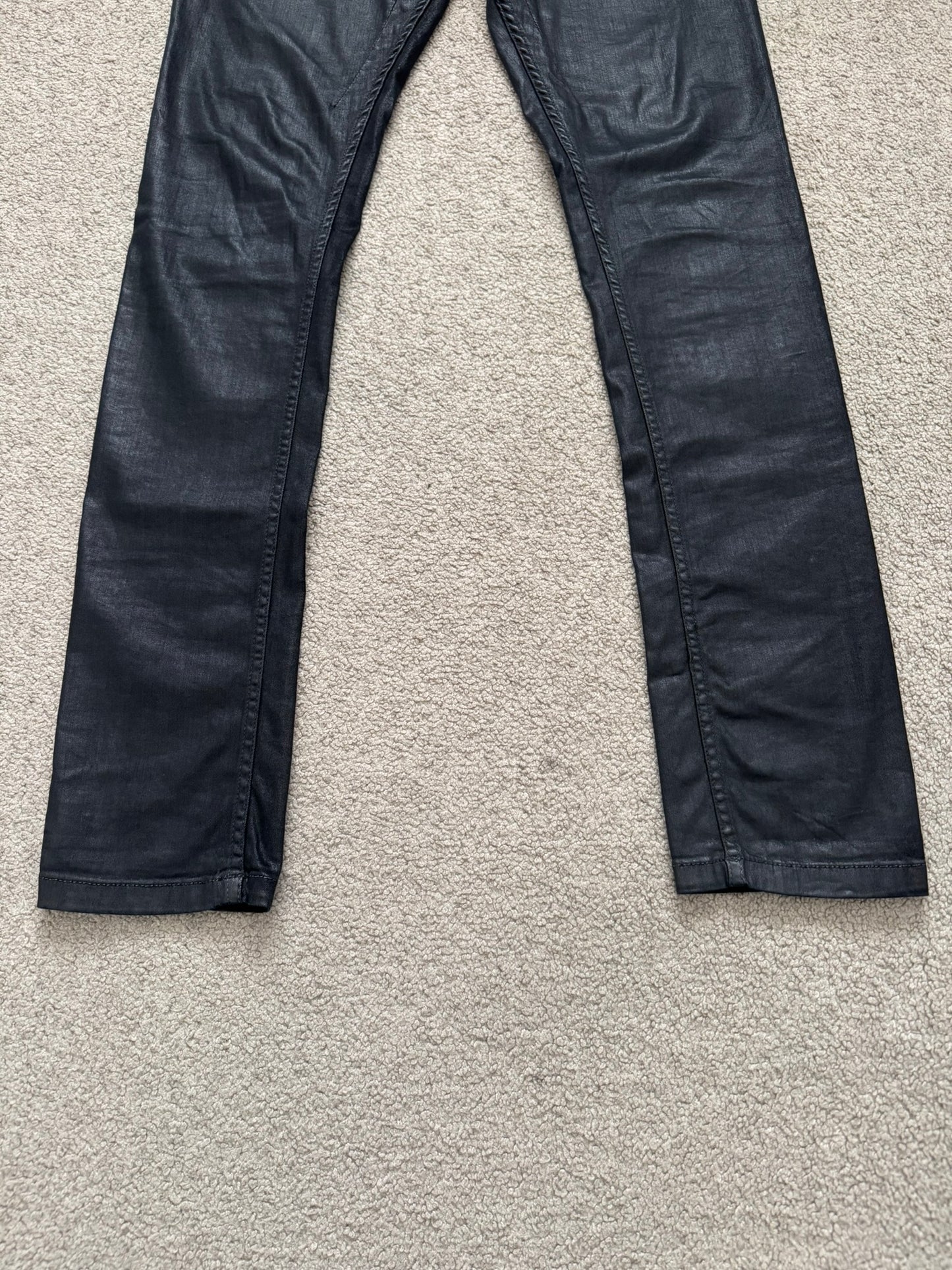 2000s Rick Owens DRKSHDW Black Waxed Torrance Cut Denim Jeans