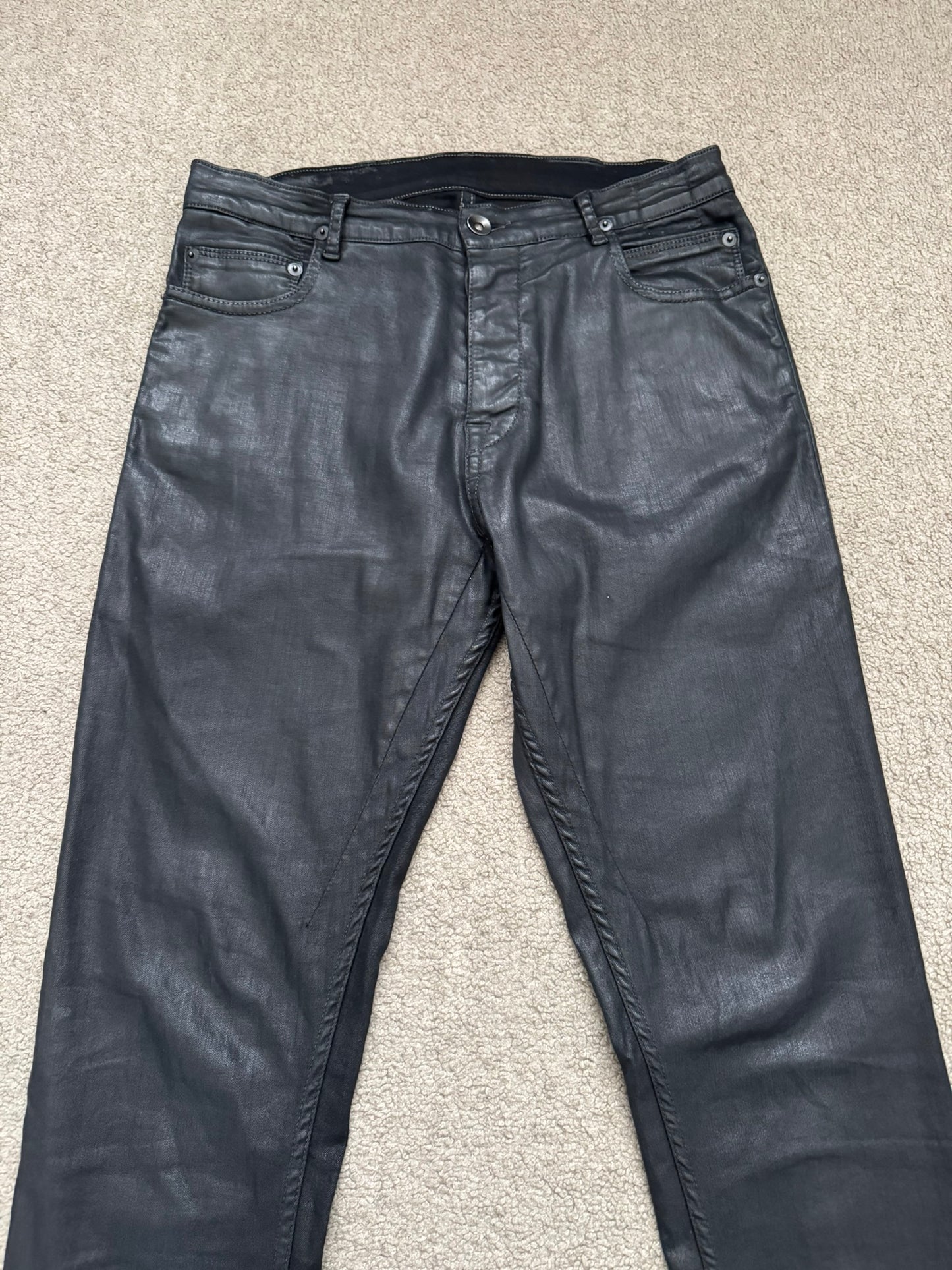 2000s Rick Owens DRKSHDW Black Waxed Torrance Cut Denim Jeans