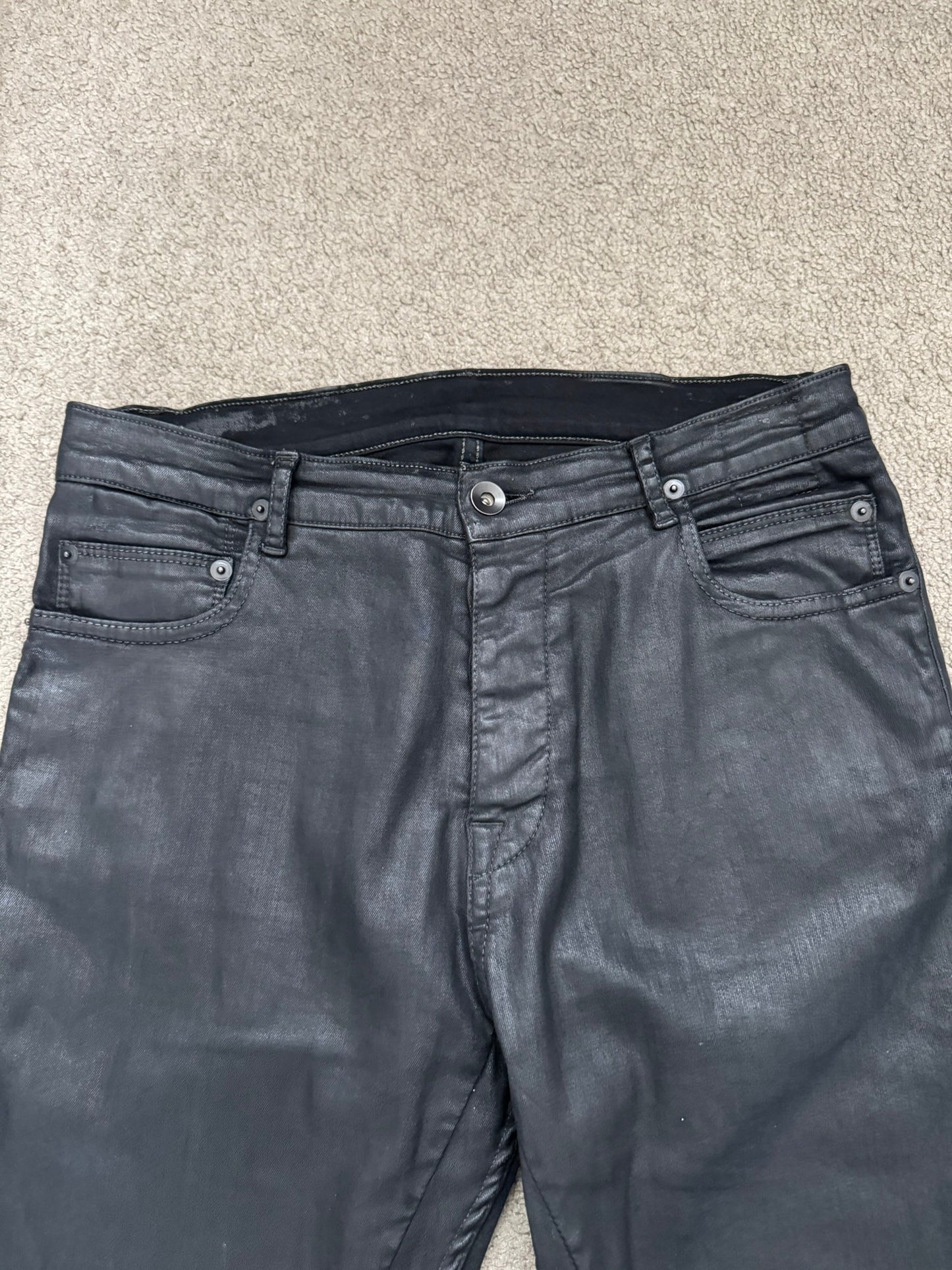 2000s Rick Owens DRKSHDW Black Waxed Torrance Cut Denim Jeans