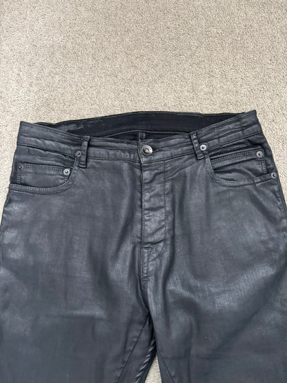 2000s Rick Owens DRKSHDW Black Waxed Torrance Cut Denim Jeans