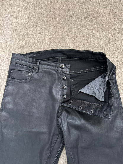 2000s Rick Owens DRKSHDW Black Waxed Torrance Cut Denim Jeans