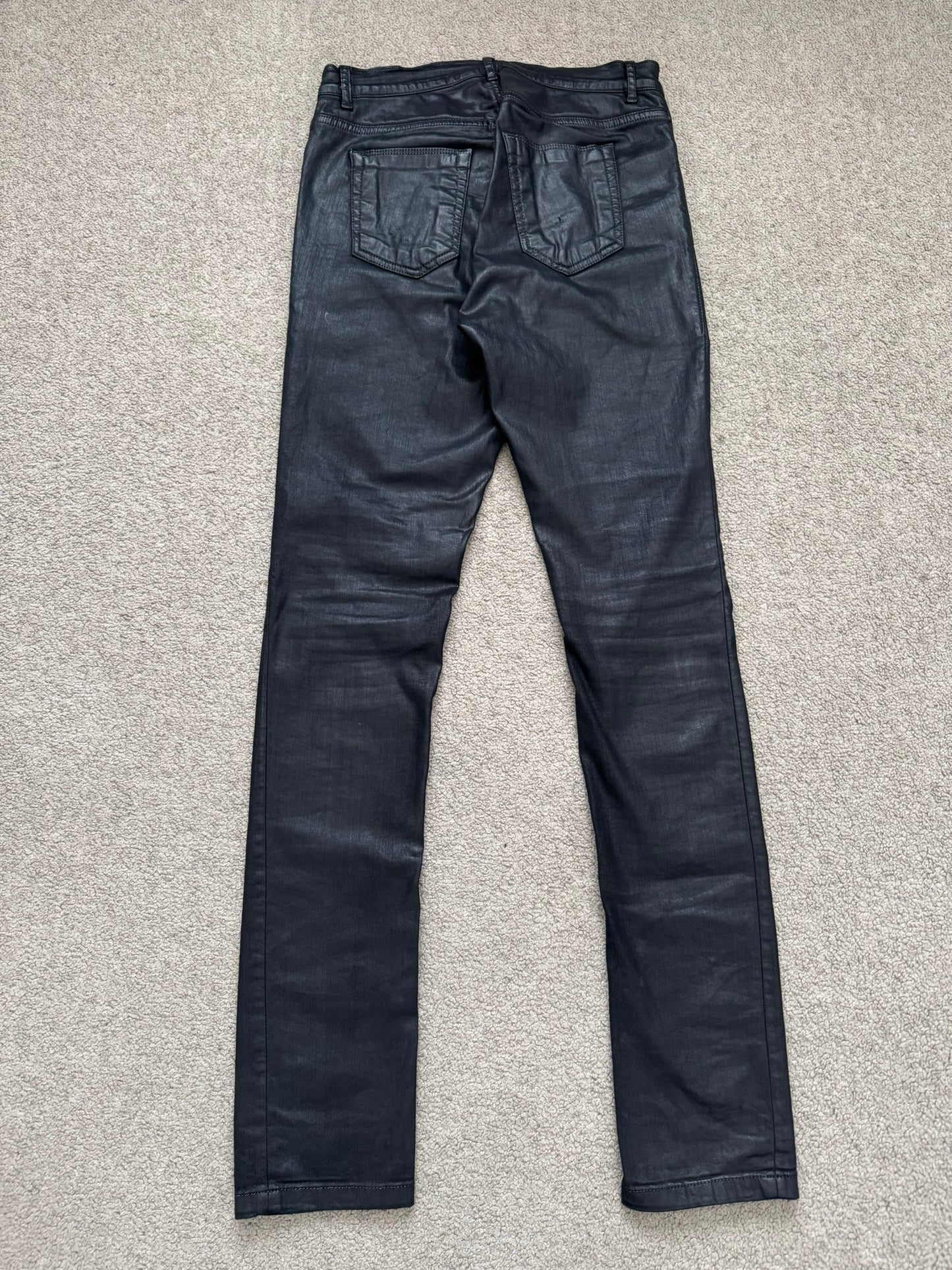 2000s Rick Owens DRKSHDW Black Waxed Torrance Cut Denim Jeans