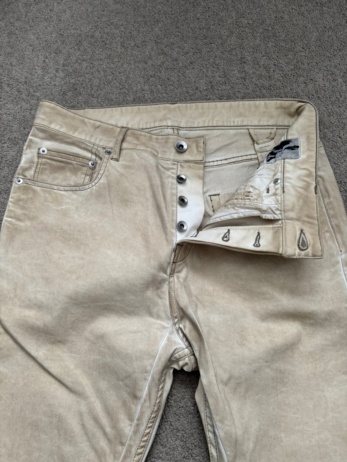 SS25 Rick Owens DRKSHDW Parchment Foil Wax Detroit Denim Jeans