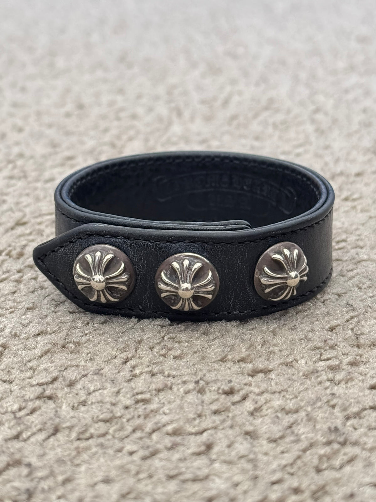 Chrome Hearts 3 Silver Cross Snap Button Black Leather Bracelet