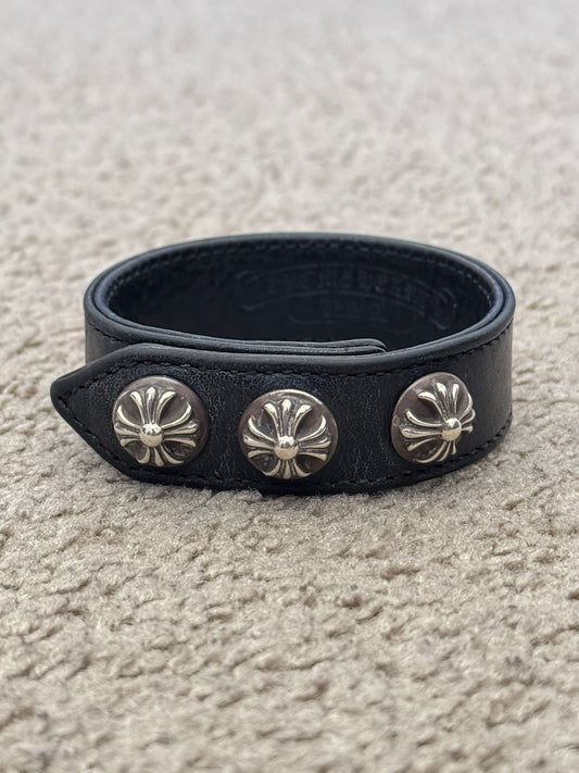 Chrome Hearts 3 Silver Cross Snap Button Black Leather Bracelet