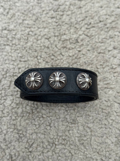 Chrome Hearts 3 Silver Cross Snap Button Black Leather Bracelet